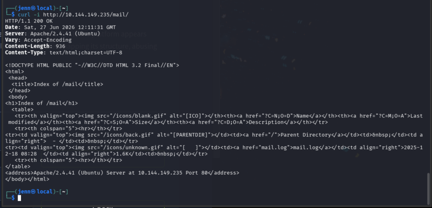 curl to /mail/ directory | mail.log visible